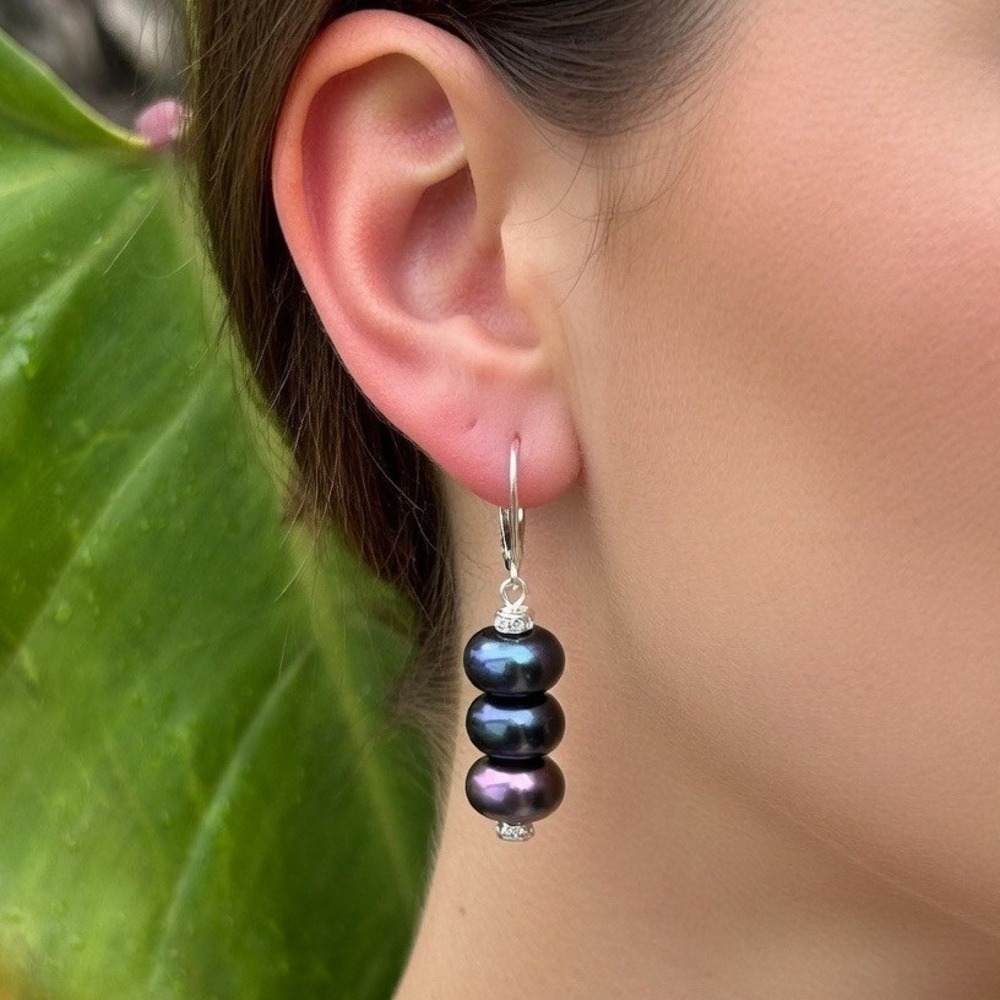 Triple Stacked Genuine Blue Peacock Iridescent Freshwater Pearl Drop Earrings